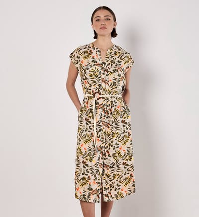 Midi-shirtjurk met bladprint en ceintuur