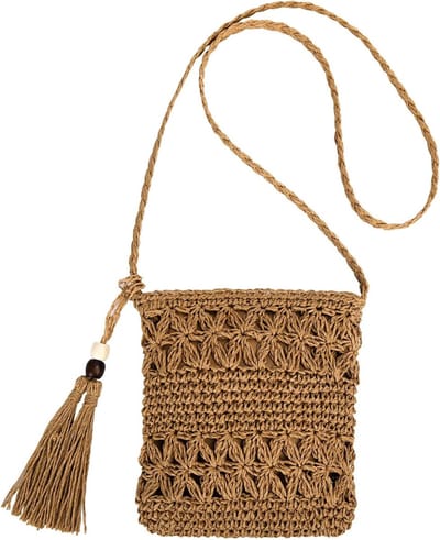 Vintage Strandtas voor Vrouwen met Kwastjes, Handgemaakte Stro Handtas voor Vakantie en Reizen, Bruin, 27*21*2cm