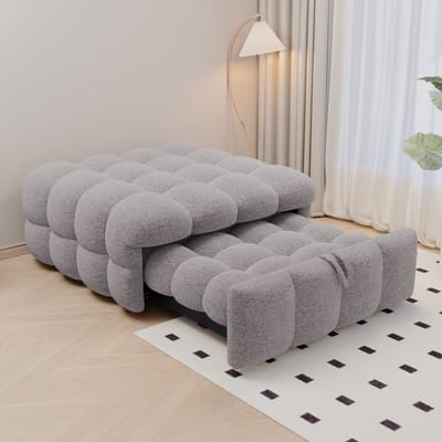 DESMIU Poefbed 183 cm – 2-in-1 Uitklapbare Slaapbank – Comfortabel Zit En Ligmechanisme – Compact Voor Woonkamer En Slaapkamer – Teddy Stof – Grijs – Zonder Matras