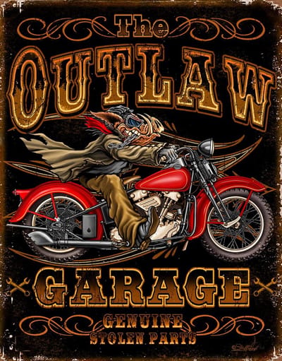 The Outlaw Garage . Metalen wandbord 31,5 x 40,5 cm.
