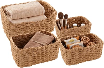 Set van 4 gevlochten opbergmanden, stapelbare opbergmanden, boho decoratieve manden van papieren touw, kleine manden voor slaapkamer, badkamer, woonkamer, keuken, balkon, kinderkamer
