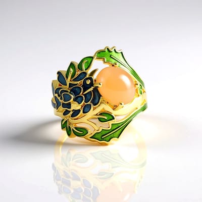 Cavill - Zilveren Ring met Perzikkleurige Indiase Maansteen 1,8 ct - 925 Sterling Zilver Verguld - Ovale Cabochon - Bloemmotief - Elegante Damesring