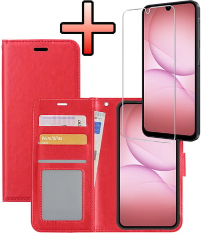 Hoesje - Met Screenprotector - Geschikt voor Samsung Galaxy A17 - Luxe Pasjeshouder - Bookcase Portemonee - Flip Case - Kunstleer Book Case - Flipcase - Book Cover - Walletcase - Portemonneehoes - Rood