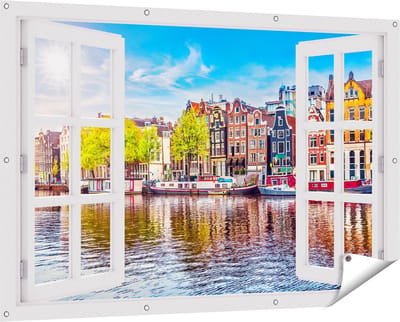 Gards Tuinposter Doorkijk Amsterdamse Huisjes aan het Water - 150x100 cm - Tuindoek - Tuindecoratie - Wanddecoratie buiten - Tuinschilderij
