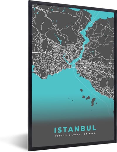 Fotolijst incl. Poster - Istanbul - Blauw - Kaart - Stadskaart - Plattegrond - 40x60 cm - Posterlijst
