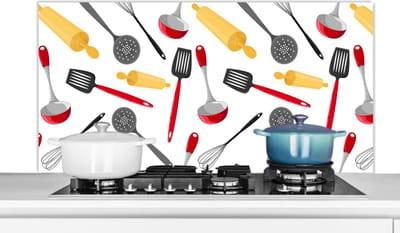 Spatscherm keuken 120x60 cm - Kookplaat achterwand Patronen - Keukengerei - Spatel - Deegroller - Muurbeschermer - Spatwand fornuis - Hoogwaardig aluminium