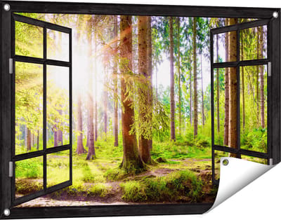 Gards Tuinposter Doorkijk Bos met Zon tussen de Bomen - 90x60 cm - Tuindoek - Tuindecoratie - Wanddecoratie buiten - Tuinschilderij