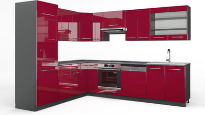Vicco Hoekkeuken Fame-Line, Bordeauxrode hoogglans/Antraciet, 287 x 227 cm, WB Antraciet