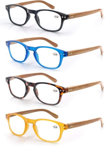 4 Paar Leesbrillen Mannen en Vrouwen met Houtlook, Rond Frame en Comfort Veerscharnieren