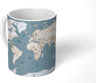 Mok - Koffiemok - Wereldkaart - Oceaan - Realistisch - Blauw - Mokken - 350 ML - Beker - Koffiemokken - Theemok