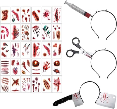 Creepy Haarband met Scharen, Spuit, Mes en Bloedige Hoofdaccessoires voor Horror Kostuums, Carnavals, Cosplay en Verkleedpartijen met Zombie Tattoos