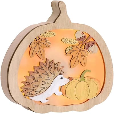 QTTVBTNA - Houten Herfst Tafellamp - LED Sfeerlamp met Egel, Pompoen en Dennenappels Accenten - Decoratie voor Herfst en Halloween - pompoen - 12,5*2.5*15 cm - 1 stuk