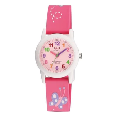 Q&Q VR99J002Y - Horloge - Sport - Analoog - Kinderen - Unisex - Plastic band - Rond - Kunststof - Cijfers - Vlinder - Roze - Wit - Multi - 10 ATM