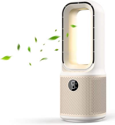 Bureauventilator - Compact - Stil - 33 cm - Bladloze bureauventilator met 5 windsnelheden - Krachtige luchtstroom - 70° zwenking - Nachtlampje - Timer - Geschikt voor slaapkamers, kantoren en nachtkastjes - Wit