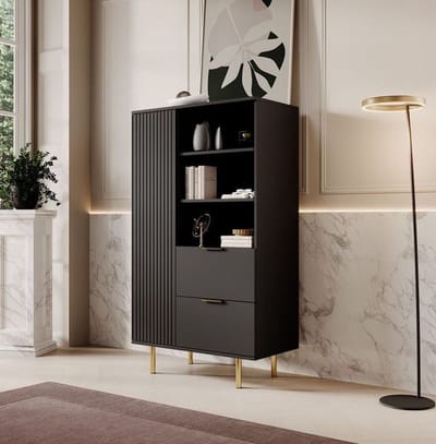 Meubella - Vitrinekast Nicola - Mat zwart - 80 cm - Laag