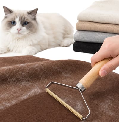 Haarverwijderaar & Ontpluizer voor Kleding, Tapijt en Bank – Herbruikbare Pluisverwijderaar voor Dierenharen, Kattenhaar, Hondenhaar en Stoffering – Koper & Houten Handgreep