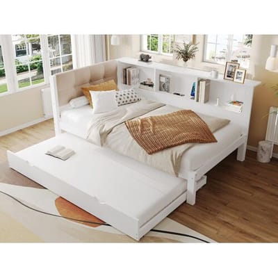 ModernLuxe Slaapbank 90x200 cm​​ - Eenpersoonsbed - Met opbergbed - Met LED-verlichtingsstrip - Met plank - Met USB-poort - Grenen - Wit (zonder