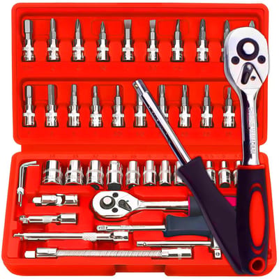 JHUBERS- Steeksleutelset 46-Delig - Ratchet Box - Moeren Set - Ergonomisch - Hoogwaardige Materialen - Geschikt voor Doe-Het-Zelf - Dopsleutelset