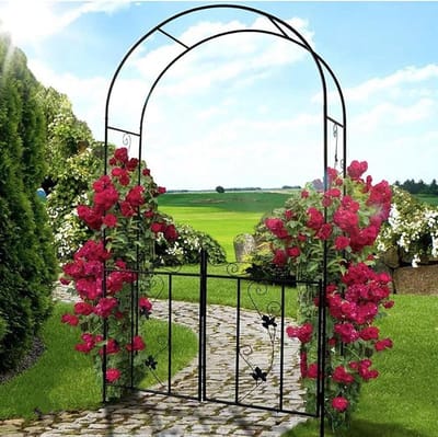 Metalen Tuinboog - Decoratieve Boog - Klimplanten Ondersteunen - Met Deur Paneel - 214 cm Hoog - Zwart