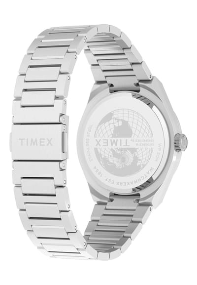 Timex Q Continental Day/Date Quartz Analoog Horloge Zilverkleurig En Zwart Kast Gemaakt Van 100% Roestvrij Staal En Een Armband Van 100% Roestvrij Staal 39 TW2Y25000AJ, TW2Y25100AJ