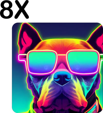 Luxe Placemat - Hond met Zonnebril in Neon Kleuren - Set van 8 Placemats - 50x50 cm - 2 mm dik Vinyl - Anti Slip - Afneembaar