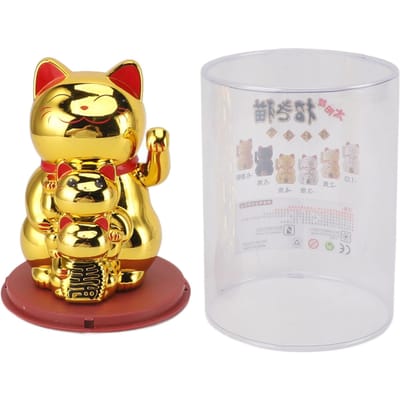 Chat Porte-Bonheur Solaire à Bras Ondulant 4,5 pouces Chat Chanceux Ornement à Main Ondulante Souriant Chinois Fengshui Richesse Décor de Bureau pour yellow