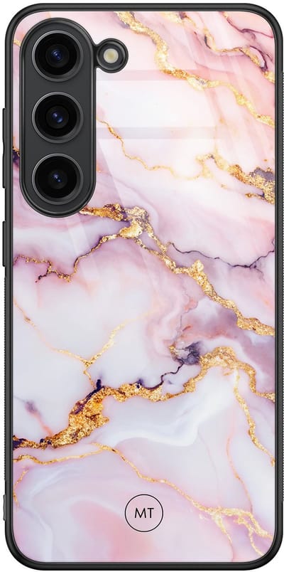 Hoesje geschikt voor Samsung Galaxy S23 - Marble pink - Hard Case Zwart Back Cover - Marmer - Roze - Mooie Telefoonhoesjes
