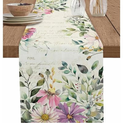 Chemin de table en lin à fleurs colorées de printemps Décor de fête de vacances Chemin de table floral saisonnier Feuilles d'eucalyptus Chemin de table pour table à manger 150x33cm