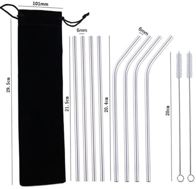 10x Herbruikbare Metalen Rietjes - Verschillende Maten - Duurzame Rietjes Herbruikbaar - RVS Rietjes - Ijzeren Rietjes - Geschikt voor Smoothies en Cocktails - zilver