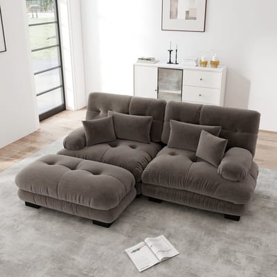 MODFU Modulaire Hoekbank - Diepe Zitting En Verplaatsbare Ottoman - Vintage Uitstraling - Woonkamer - Chenille - Bruin