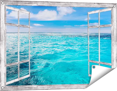 Gards Tuinposter Doorkijk Blauwe Caribische Zee Water - 90x60 cm - Tuindoek - Tuindecoratie - Wanddecoratie buiten - Tuinschilderij