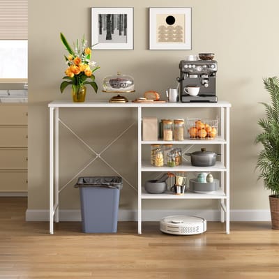 Pugsdrly multifunctionele opbergtafel, vrij combineerbare opbergtafel met wit metalen frame & wit blad, flexibel te monteren voor keuken, woonkamer, kelder & garage, 120x40x85,5 cm