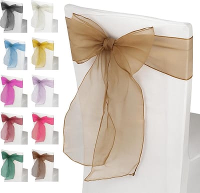 Trimming Shop Organza Sashes Chair Cover, Various Colors, Ribbon with Big Bow for Wedding, Banquet, Birthday, Event Decoration, 17cm x 280cm 1pc Antique Gold