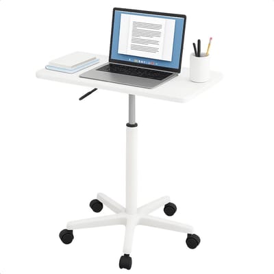 Lomera Hoogte Verstelbaar - Gasveer Bediening - Bijzettafel Wit - Tafelblad Mdf - Afgeronde Hoeken - Zwenkwielen Met Rem - Laptoptafel - Verrijdbare Tafel - Verstelbare Bijzettafel - Wit Tafelblad - Mobiele Bijzettafel