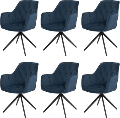 Set van 6 eetkamerstoelen MCW-L80, keukenstoel, gestoffeerde stoel met armleuningen, draaibaar, metaal, stof/textiel ~ blauw
