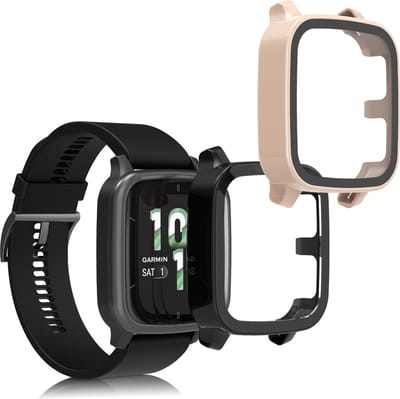 kwmobile 2x cover geschikt voor Garmin Venu Sq 2 Music / Sq 2 - Fitnesstracker cover van gehard glas en kunststof frame set zwart / oudroze