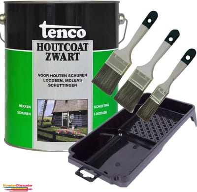 Tenco Houtcoat Zwart 1 liter + GRATIS KwastenDiscounter Beitskwasten 3-Delig 30/50/60 mm & Verfbak15 cm x 29 cm