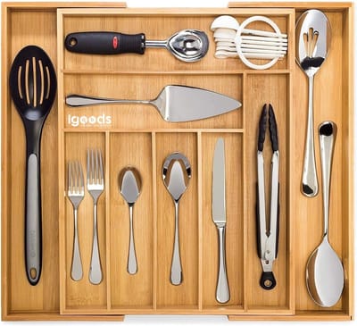 Igoods Uitschuifbare Bestekbak - Bamboe -Bestekcassette Hout - Besteklade - 44 x 50 x 5 cm - 8 vakken
