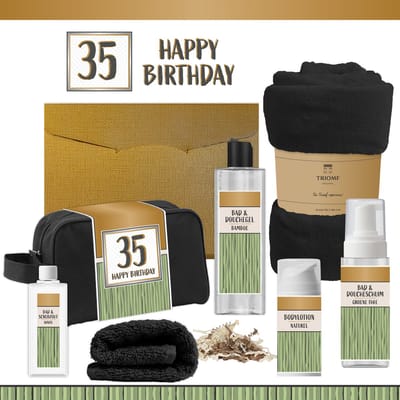 Geschenkset “35 Happy Birthday” - 7 producten - 1390 gram | Giftset voor hem - Cadeau Verjaardag Vijfendertig Man Luxe Wellness Douche Cadeaubox Gefeliciteerd Pakket Geschenk Jarige Cadeaupakket Gift Set Party Thirty-five Years Zwart Groen Goud Zwart