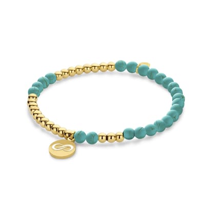 CO88 Collection 8CB-91269 Kralen Armband Staal en Turkoois met Hangertje - Infinity - 10mm Doorsnee - 4 en 3,5mm - Rekbaar - 17,8cm - Goudkleurig;Turkoois