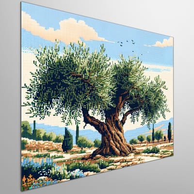 Pixel art olijfboom schilderij | Levenskracht in digitale vorm: Betoverende pixel olijfboom kunstwerk | Kunst - 80x80 centimeter op Dibond | Foto op Dibond
