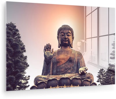 ® Glasschilderij 180x120 cm - Schilderij acrylglas - Zonsondergang achter het hoofd van de Tian Tan Boeddha - Foto op glas - Muurdecoratie woonkamer - Wanddecoratie slaapkamer - Schilderijen