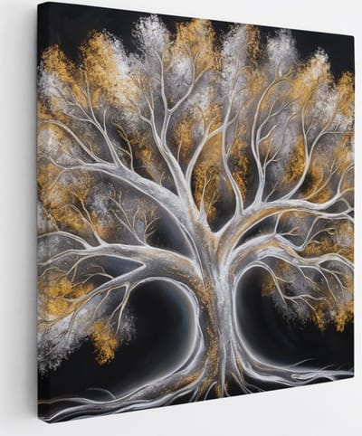 Saammp Canvas Schilderij - Goud zilvere boom - Abstract - 20x20 - Foto op canvas - Wanddecoratie - Muurdecoratie Woonkamer - Slaapkamer decoratie - Canvas Print