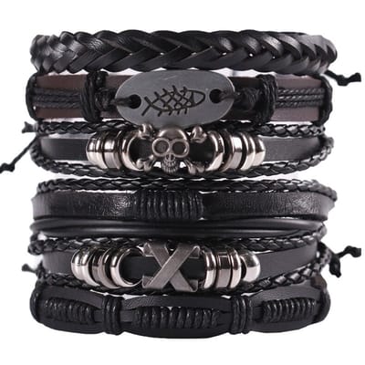 Fako Bijoux® - Leren Armband - Leder - Set Deluxe X - 6 Stuks - Zwart/Bruin