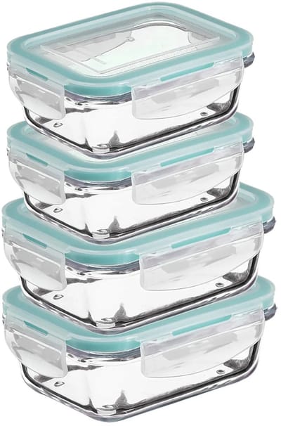 5Five Vershoudbakjes met deksel - glas - luchtdicht - met clips - 4x stuks - 800 - 1180 ml - voedsel bewaren