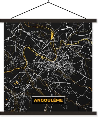 Posterhanger incl. Poster 60x60 cm - Schoolplaat - Kaart - Plattegrond - Frankrijk - Angoulême - Stadskaart - Textielposter - Zwarte latten - Stadskaart