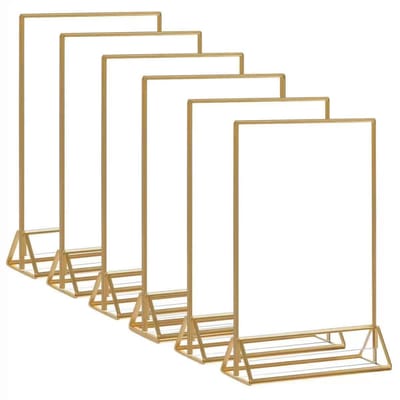 6-Delig Acryl Display Stand - Gouden Dubbelzijdige Fotolijst 5x7 Inch - Tafelpresentatie voor Menu's en Flyers - Kant-en-klaar voor Trouwfeesten en Evenementen