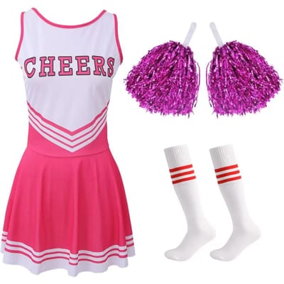 Cheerleading Danskostuum Voor Vrouwen Mouwloos V-hals Letters Gedrukt Crop Top Met Geplooide Rok En 2 Stuks Bloemen Pompons 150cm roze