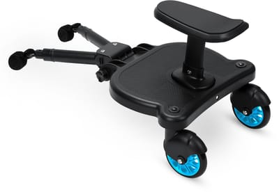 Universeel Meerijdplankje Tweewieler - Voor Kinderwagen/Buggy - Met Zitje - Onderweg - Verstelbaar – Dubbele stevige wielen - Extra stabiel - Blauw