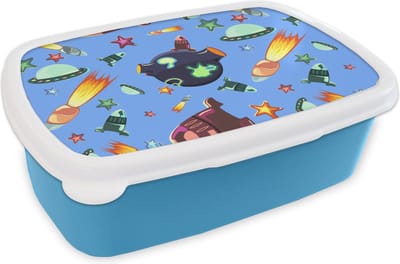 Broodtrommel Blauw - Lunchbox - Brooddoos - Ruimte - Regenboog - Ufo - Raket - Design - 18x12x6 cm - Kinderen - Jongen